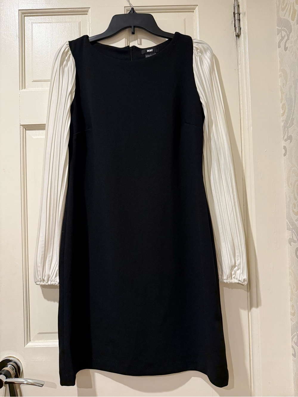 DKNY Black Shift Dress with White Pleated Long Sleeves